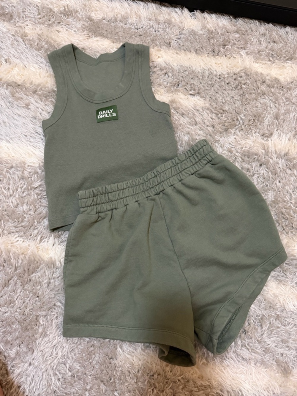 Daily Drills Sage Green Ribbed Tank & Elastic Waist Shorts Set